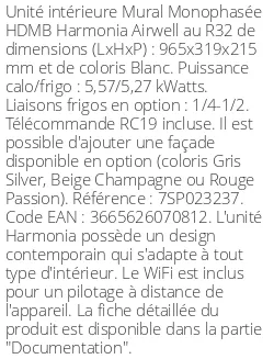 Split mural HDMB Harmonia - 5,57 kWatts Blanc - Airwell - Réf : 7SP023237