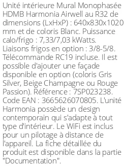 Split mural HDMB Harmonia - 7,33 kWatts Blanc - Airwell - Réf : 7SP023238