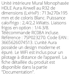 Split mural HDLE aura - 2,4 kWatts - Airwell - Réf : 7SP023270