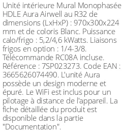 Split mural HDLE aura - 5,2 kWatts - Airwell - Réf : 7SP023273