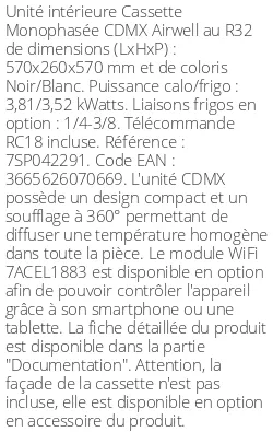 Cassette 360° CDMX 3,81 kWatts - Airwell - Réf : 7SP042291