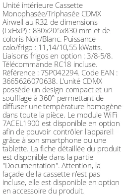 Cassette 360° CDMX 11,14 kWatts - Airwell - Réf : 7SP042294