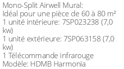 Climatiseur Mural HDMB Harmonia 7,03 kWatts Blanc