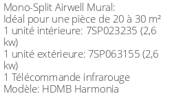 Climatiseur Mural HDMB Harmonia 2,64 kWatts Gris