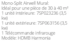 Climatiseur Mural HDMB Harmonia 3,51 kWatts Miroir
