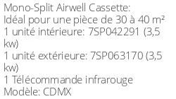 Climatiseur Cassette 360° CDMX 3,52 kWatts Monophasé