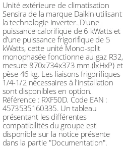 Unité extérieure Sensira RFX-D 6 kWatts - R32 - Daikin - Réf : RXF50D