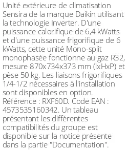 Unité extérieure Sensira RFX-D 6.4 kWatts - R32 - Daikin - Réf : RXF60D