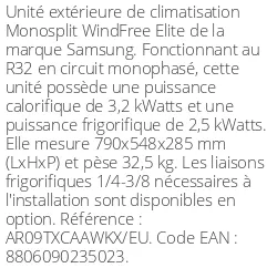 Unité extérieure WindFree Elite 3.2 kWatts - R32 - Samsung - Réf : AR09TXCAAWKXEU
