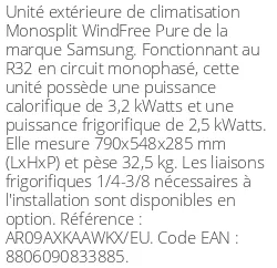 Unité extérieure WindFree Pure 3.2 kWatts - R32 - Samsung - Réf : AR09AXKAAWKXEU