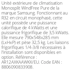 Unité extérieure WindFree Pure 4.2 kWatts - R32 - Samsung - Réf : AR12AXKAAWKXEU