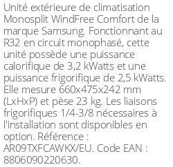 Unité extérieure WindFree Comfort 3.2 kWatts - R32 - Samsung - Réf : AR09TXFCAWKXEU