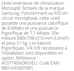 Unité extérieure Tertiaire 8 kWatts Monophasé - R32 - Samsung - Réf : AC071RXADKG/EU