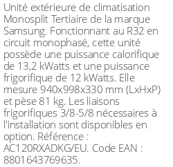 Unité extérieure Tertiaire 13.2 kWatts Monophasé - R32 - Samsung - Réf : AC120RXADKG/EU