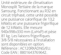 Unité extérieure Tertiaire 13.2 kWatts Triphasé - R32 - Samsung - Réf : AC120RXADNG/EU