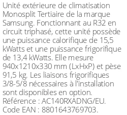 Unité extérieure Tertiaire 15.5 kWatts Triphasé - R32 - Samsung - Réf : AC140RXADNG/EU