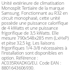 Unité extérieure Tertiaire 4 kWatts Monophasé - R32 - Samsung - Réf : AC035RXADKG/EU