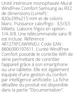 Split mural WindFree Comfort 3.5 kWatts - R32 - Samsung - Réf : AR12TXFCAWKNEU