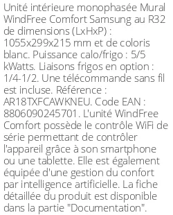 Split mural WindFree Comfort - 5 kWatts - R32 - Samsung - Réf : AR18TXFCAWKNEU