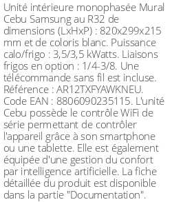 Split mural Cebu 3.5 kWatts - R32 - Samsung - Réf : AR12TXFYAWKNEU