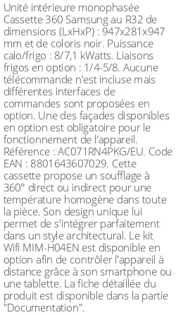 Cassette 360 - 8 kWatts - R32 - Samsung - Réf : AC071RN4PKG/EU