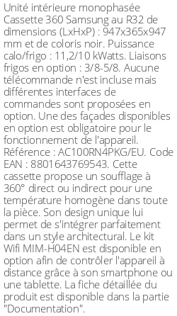 Cassette 360 - 11.2 kWatts - R32 - Samsung - Réf : AC100RN4PKG/EU