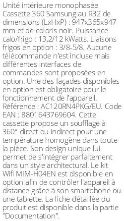 Cassette 360 - 13.2 kWatts - R32 - Samsung - Réf : AC120RN4PKG/EU