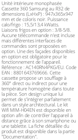 Cassette 360 - 15.5 kWatts - R32 - Samsung - Réf : AC140RN4PKG/EU