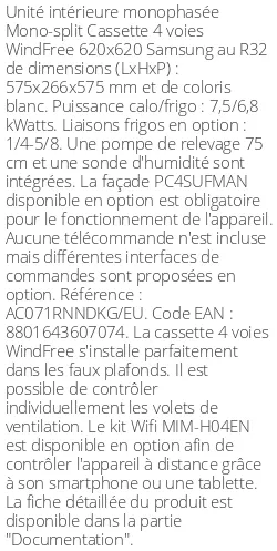 Cassette 4 voies WindFree 620 X 620 - 7.5 kWatts - R32 - Samsung - Réf : AC071RNNDKG/EU