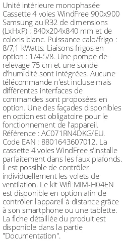 Cassette 4 voies WindFree 900 X 900 - 8 kWatts - R32 - Samsung - Réf : AC071RN4DKG/EU