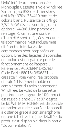 Cassette 1 voie WindFree - 3.3 kWatts - R32 - R32 - Samsung - Réf : AC026RN1DKG/EU
