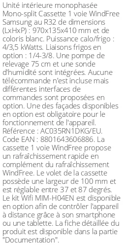 Cassette 1 voie WindFree - 4 kWatts - R32 - Samsung - Réf : AC035RN1DKG/EU