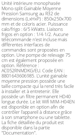Gainable Moyenne Pression - 6 kWatts - R32 - Samsung - Réf : AC052RNMDKG/EU