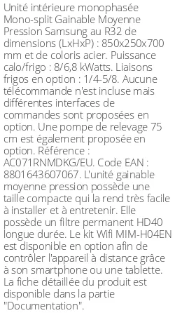 Gainable Moyenne Pression - 8 kWatts - R32 - Samsung - Réf : AC071RNMDKG/EU