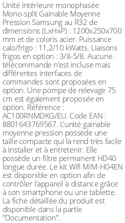 Gainable Moyenne Pression - 11.2 kWatts - R32 - Samsung - Réf : AC100RNMDKG/EU