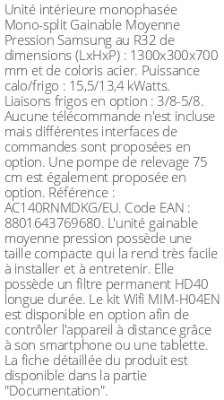 Gainable Moyenne Pression - 15.5 kWatts - R32 - Samsung - Réf : AC140RNMDKG/EU