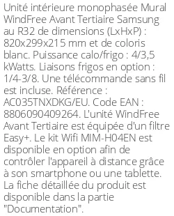 Split mural WindFree Avant Tertiaire - 4 kWatts - R32 - Samsung - Réf : AC035TNXDKG/EU