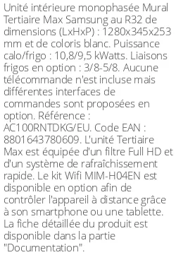 Split mural Tertiaire Max - 10.8 kWatts - R32 - Samsung - Réf : AC100RNTDKG/EU