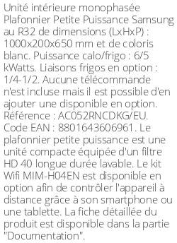 Plafonnier Petite Puissance - 6 kWatts - R32 - Samsung - Réf : AC052RNCDKG/EU