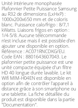 Plafonnier Petite Puissance - 8 kWatts - R32 - Samsung - Réf : AC071RNCDKG/EU