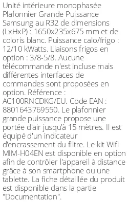 Plafonnier Grande Puissance - 12/10 kWatts - R32 - Samsung - Réf : AC100RNCDKG/EU