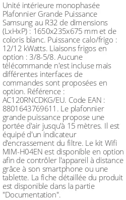 Plafonnier Grande Puissance - 12/12 kWatts - R32 - Samsung - Réf : AC120RNCDKG/EU
