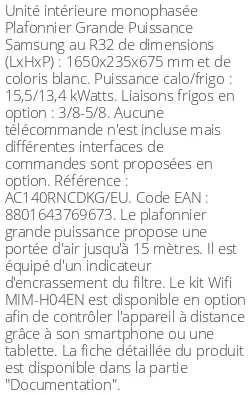 Plafonnier Grande Puissance - 15.5 kWatts - R32 - Samsung - Réf : AC140RNCDKG/EU