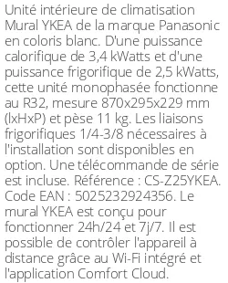 Split mural YKEA - 3.4 kWatts - R32 - Panasonic - Réf : CS-Z25YKEA