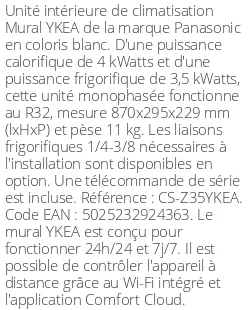 Split mural YKEA - 4 kWatts - R32 - Panasonic - Réf : CS-Z35YKEA