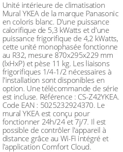 Split mural YKEA - 5.3 kWatts - R32 - Panasonic - Réf : CS-Z42YKEA