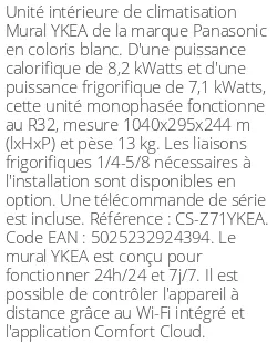 Split mural YKEA - 8.2 kWatts - R32 - Panasonic - Réf : CS-Z71YKEA