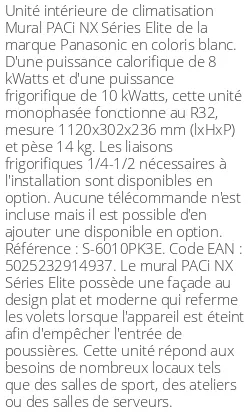 Split mural PACi NX Séries Elite - 8 kWatts - R32 - Panasonic - Réf : S-6010PK3E