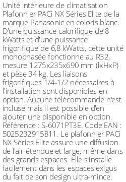 Plafonnier PACi NX Séries Elite - 8 kWatts - R32 - Panasonic - Réf : S-6071PT3E