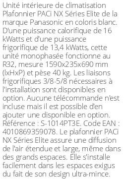 Plafonnier PACi NX Séries Elite - 16 kWatts - R32 - Panasonic - Réf : S-1014PT3E